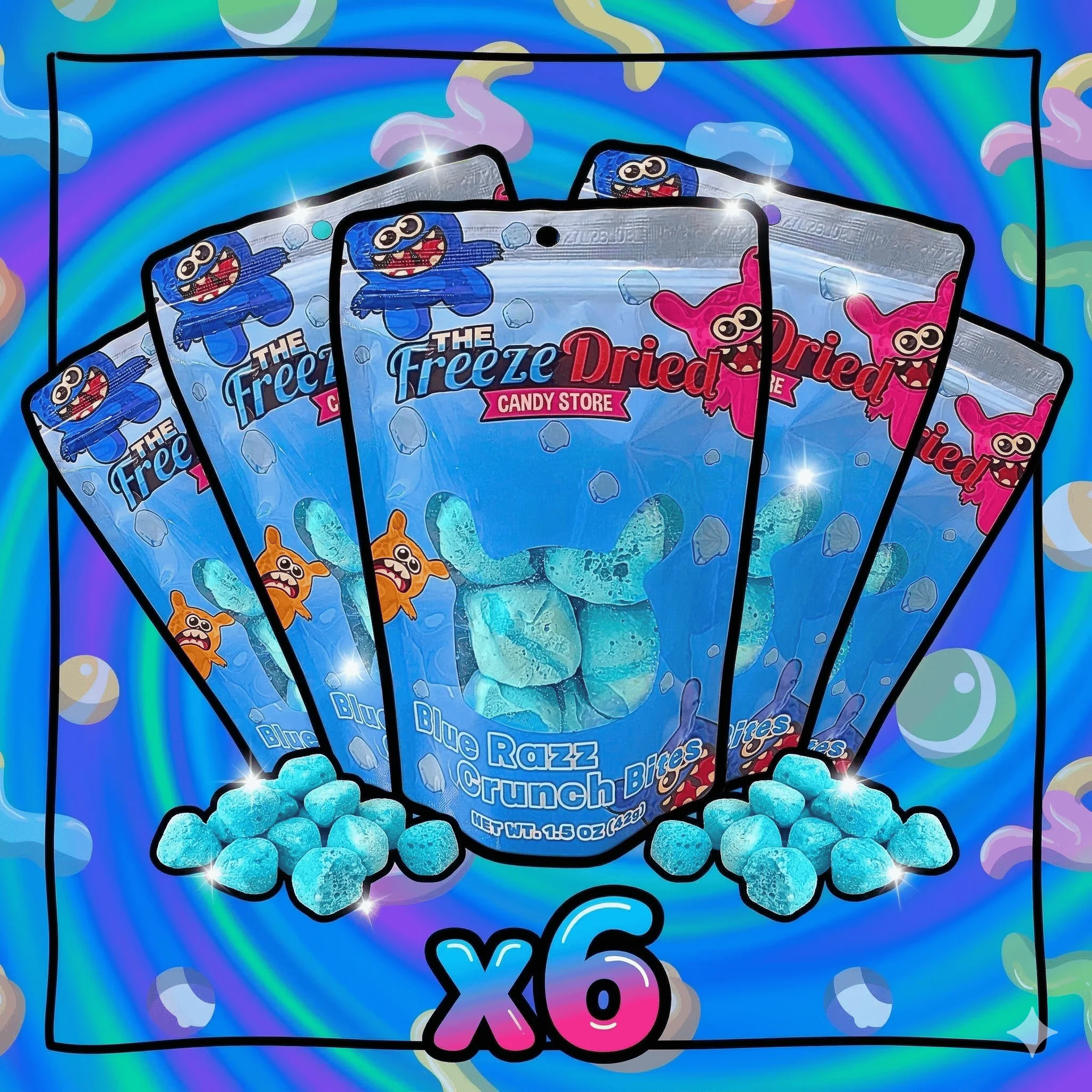 Blue Raz Crunch Bites x6 Bags MEGA BUNDLE - Crunchy Melt In Your Mouth - The Freeze Dried Candy Store - Freeze Dried Candy