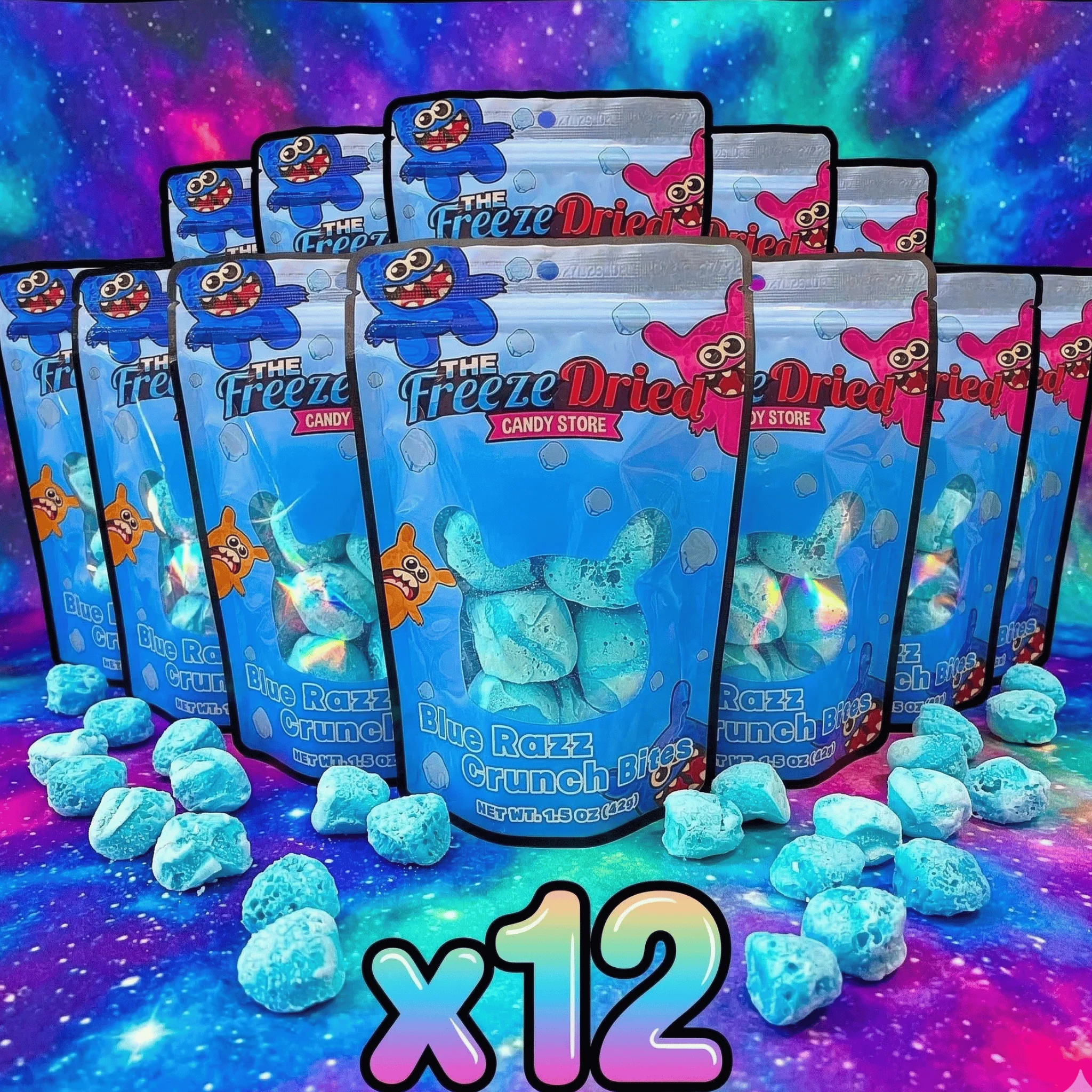 Blue Raz Crunch Bites x12 Bags MEGA BUNDLE - Crunchy Melt In Your Mouth - The Freeze Dried Candy Store - Freeze Dried Candy